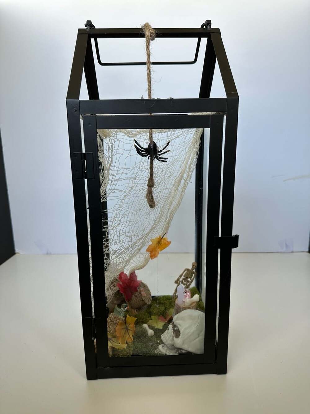 Black Metal Halloween Lantern With Spiders, Skulls, and Mossy Forest Diorama